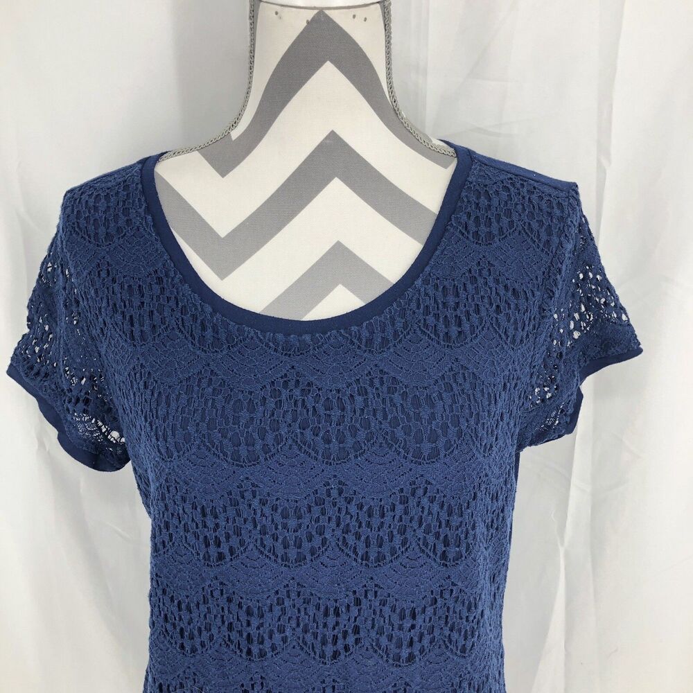 Verve Ami Navy Blue Crochet Boho Lace Short Sleeve Back Zip Shirt Large
